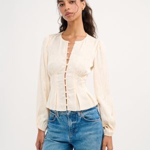 Clover Floral Jacquard Blouse – Ivory Bishop Sleeve Peplum