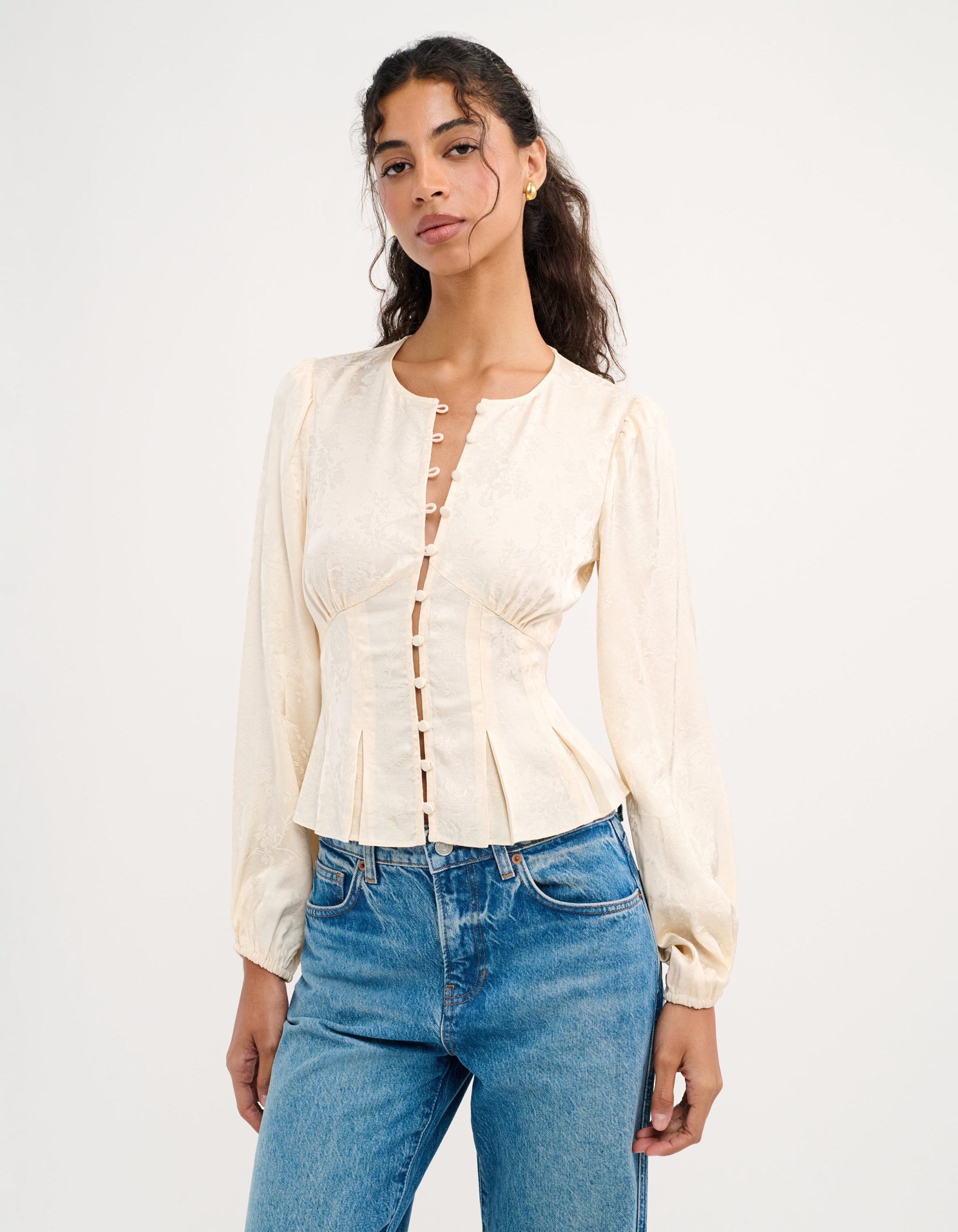 Clover Floral Jacquard Blouse – Ivory Bishop Sleeve Peplum