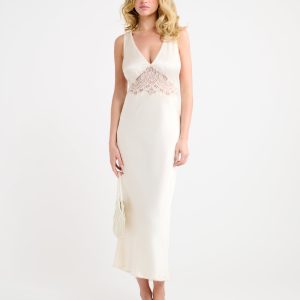 Vanity Midi Dress – Metallic Satin Bias-Cut with Lace Yoke